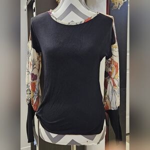 Tiny (Anthropologie) Black Top With Sheer Floral Sleeves, Size XS